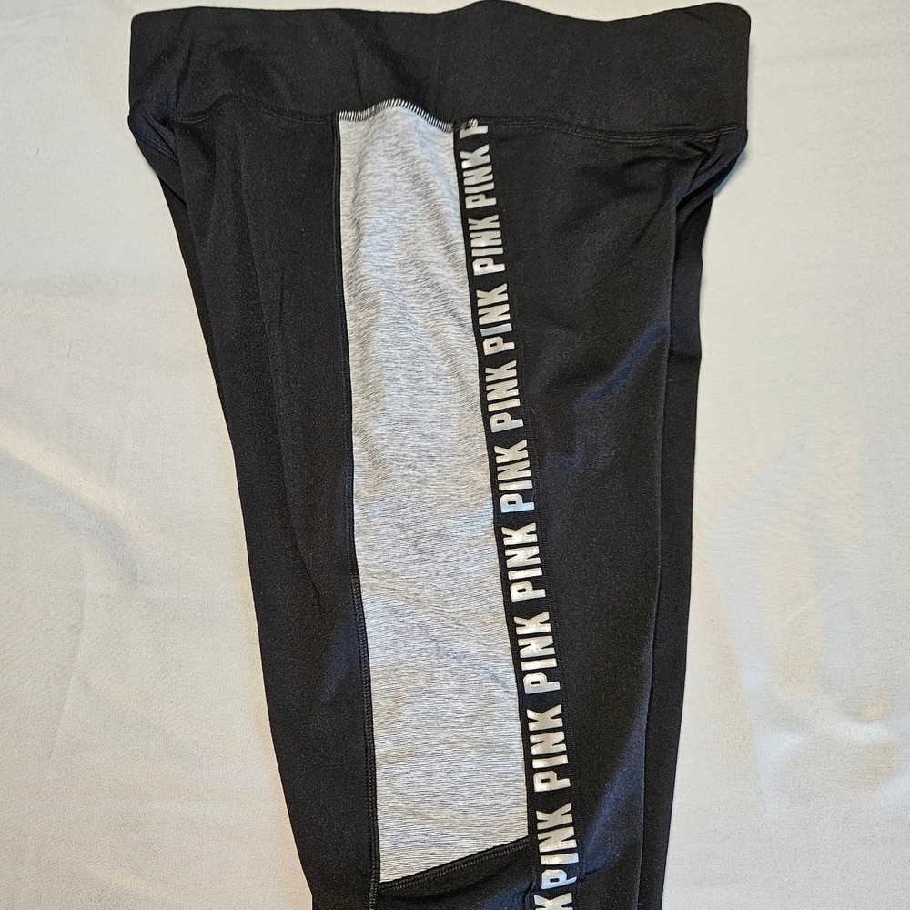 PINK Victoria's Secret Leggings Womens Medium Black Cozy Metallic Logo Active